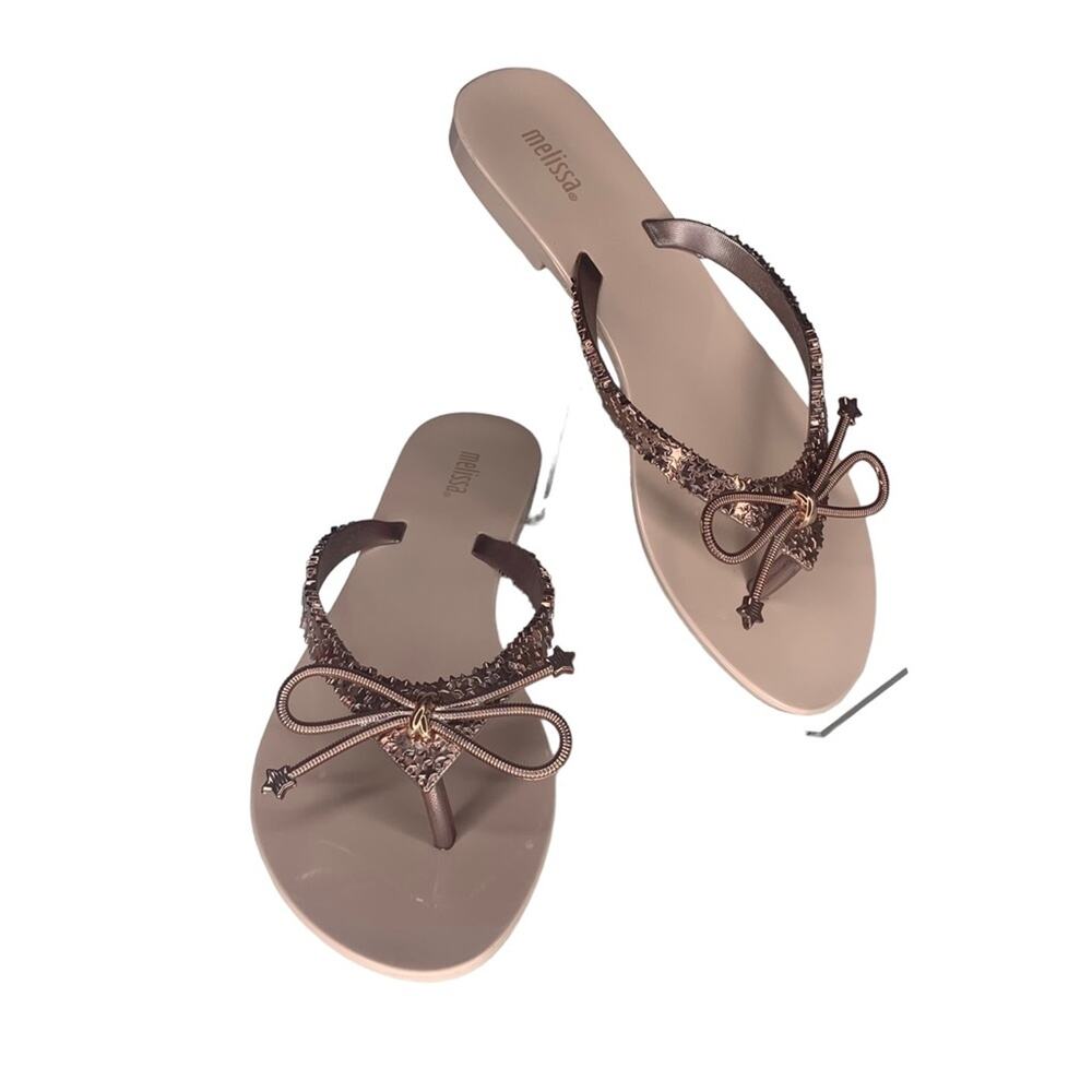 Melissa Thong Slip on Sandals Gold Rose Size 7 Bow Accent